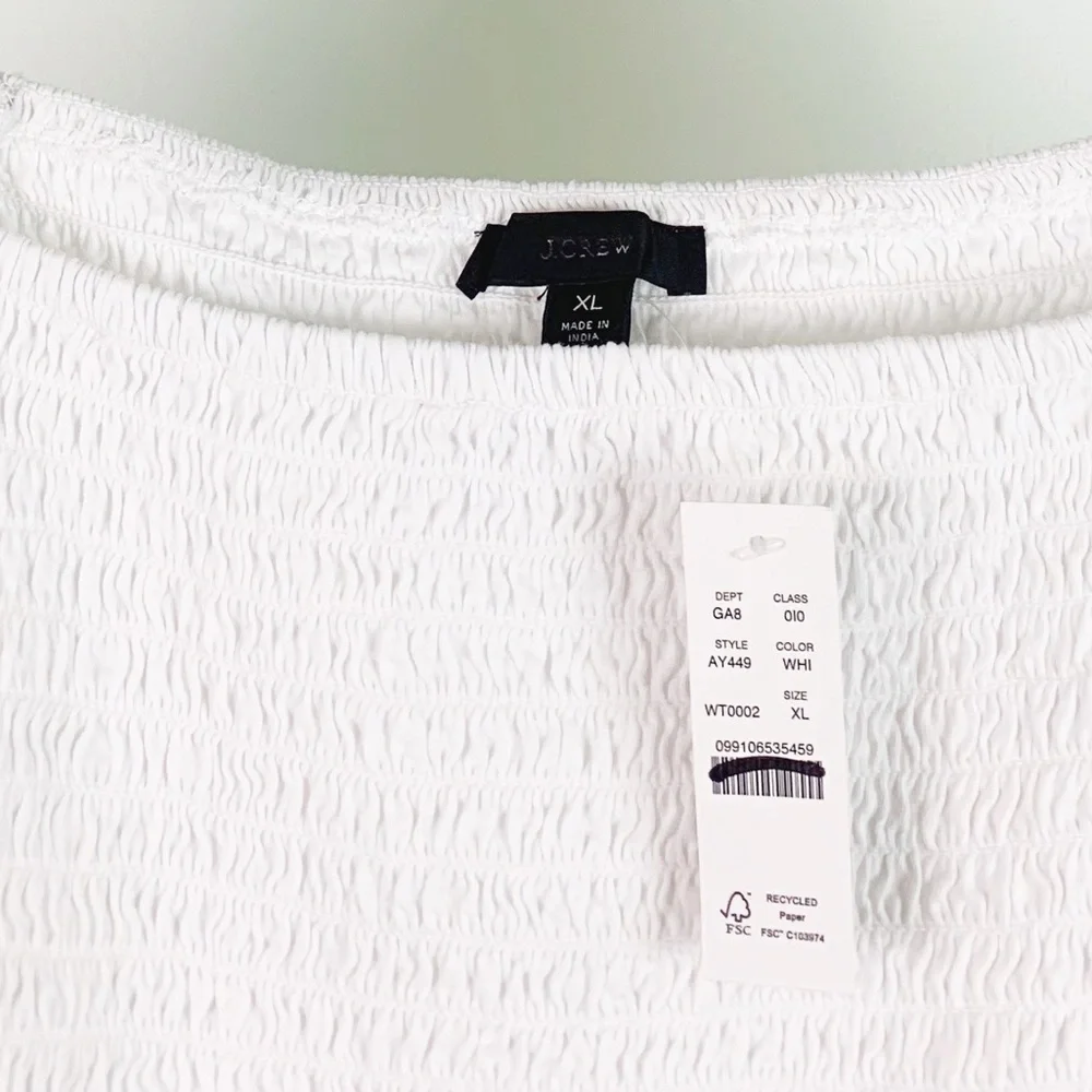NWT J. Crew Top Smocked Broken In Jersey Crop in White AY449